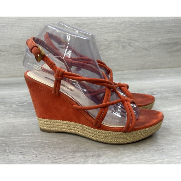 PRADA Shoes - Prada Strappy Sandals Womens 7.5 Red Suede Platform Wedge Slingback Shoes